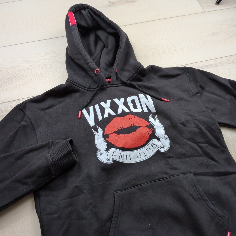 Dixxon Vixxon Por Vida Black Graphic Hoodie Womens Large Sweatshirt Red Lips